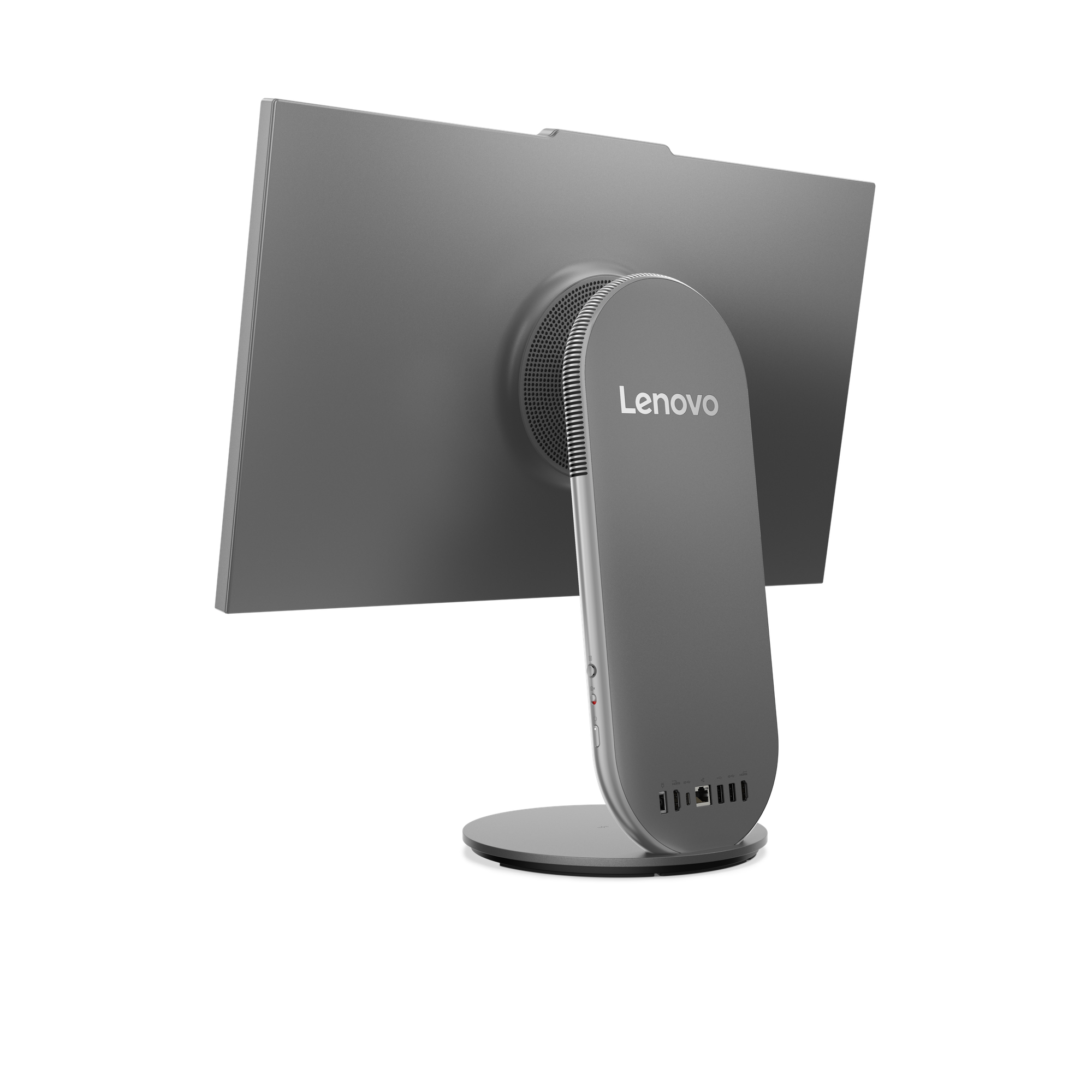 Rückansicht eines grauen Lenovo All-in-One-Computers mit Anschlüssen.