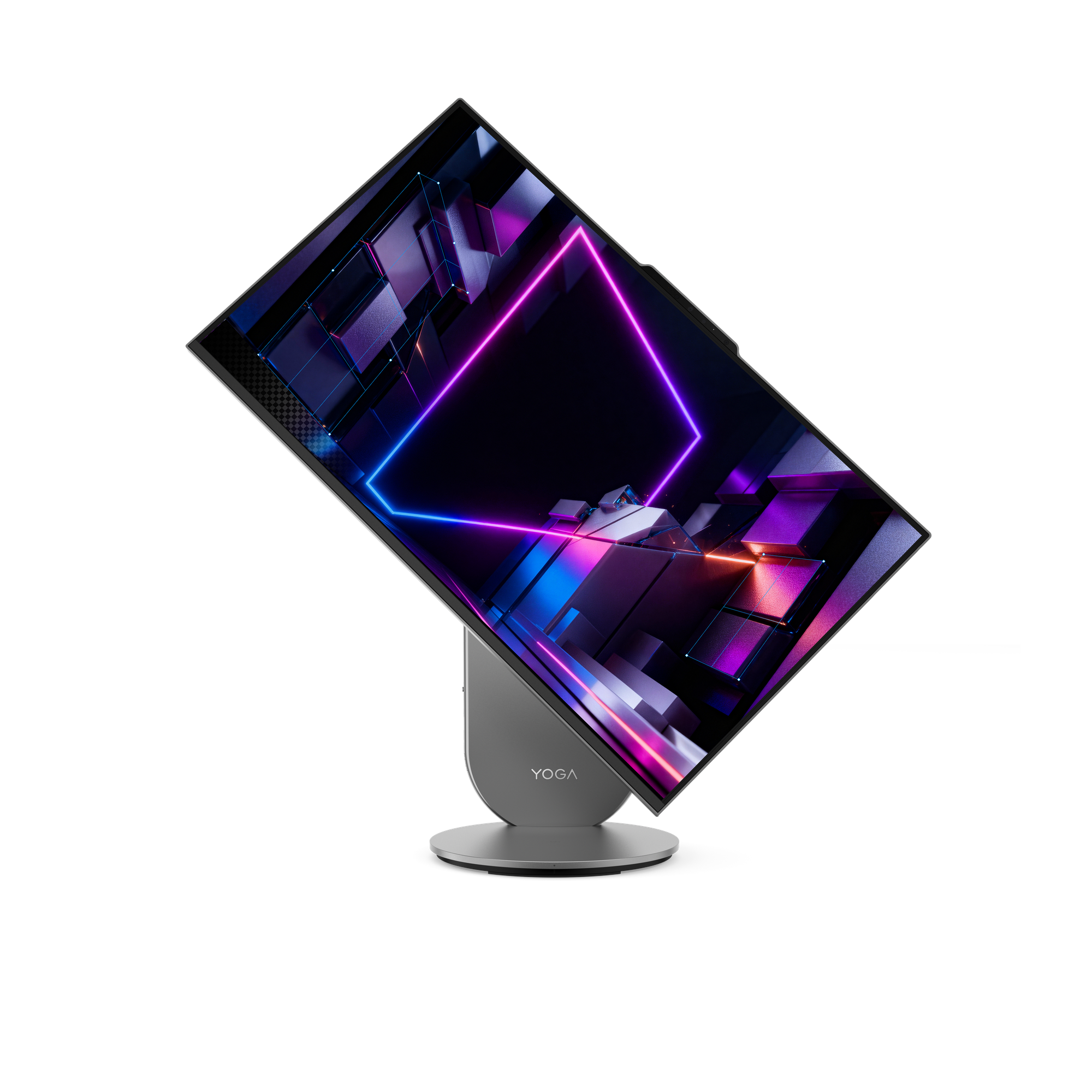 Ein silberner Yoga-Monitor mit abstraktem, neonbeleuchtetem Hintergrund auf schwarzem Grund.