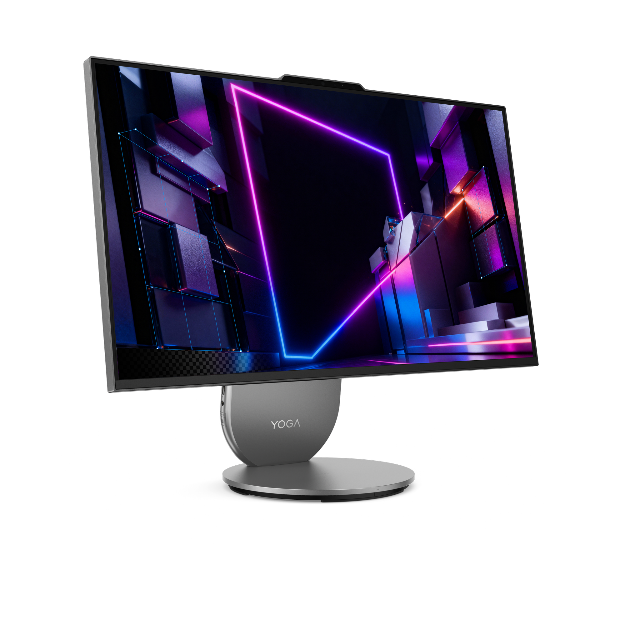 Ein Monitor mit abstraktem Hintergrund und Neonlichtrahmen.
