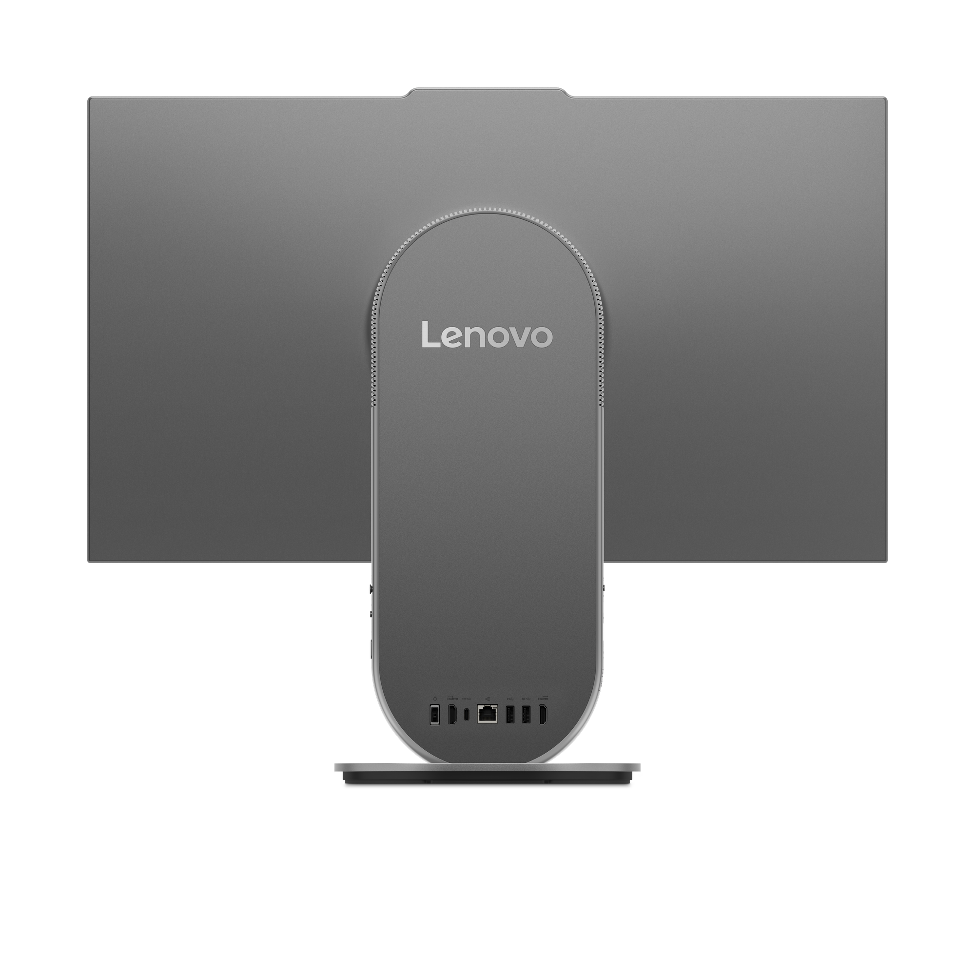 Rückseite eines grauen Lenovo All-in-One-Computers mit Anschlüssen.