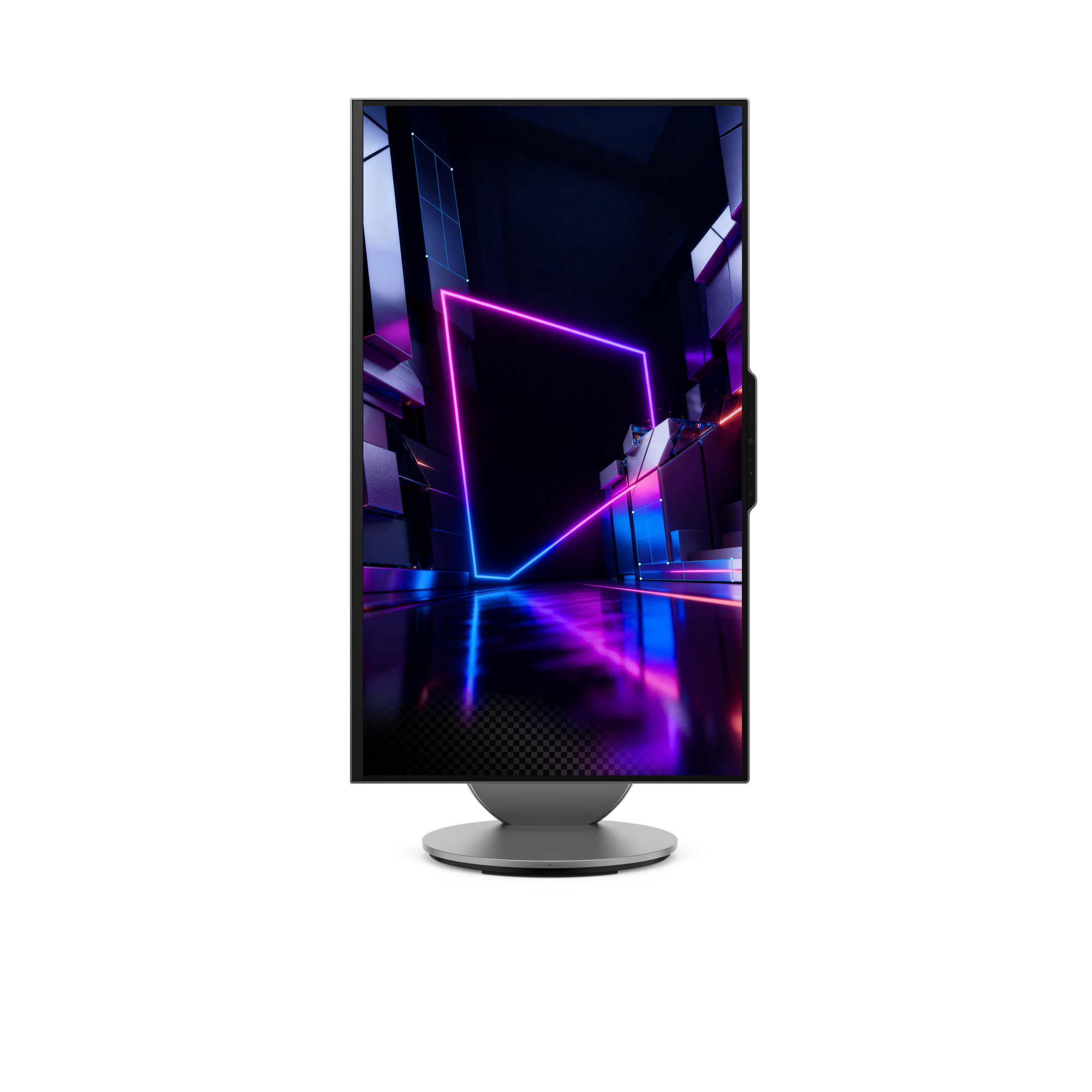 Ein Monitor zeigt eine neonbeleuchtete, abstrakte futuristische Szene mit lila und blauen Lichtern.