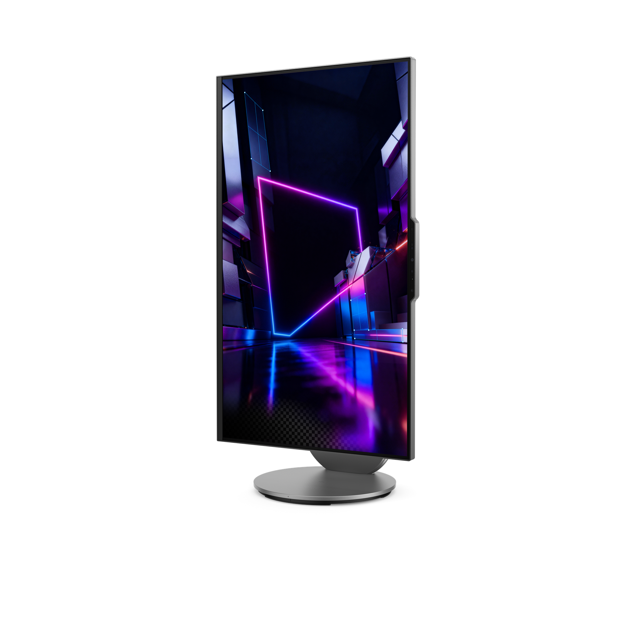 Ein Monitor zeigt eine futuristische Stadt mit Neonlichtern.