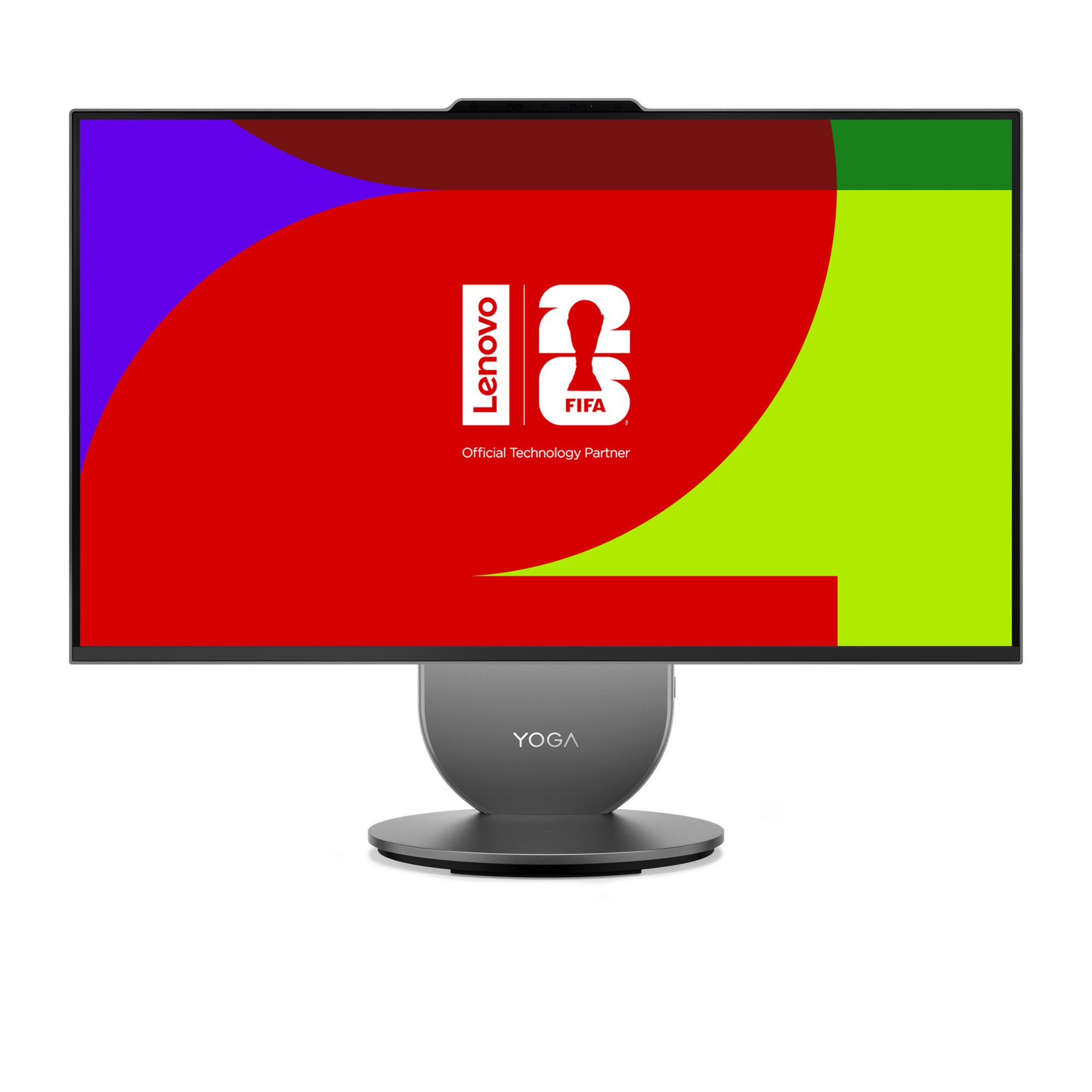 Ein Lenovo-Monitor mit bunter Grafik und FIFA-Logo.