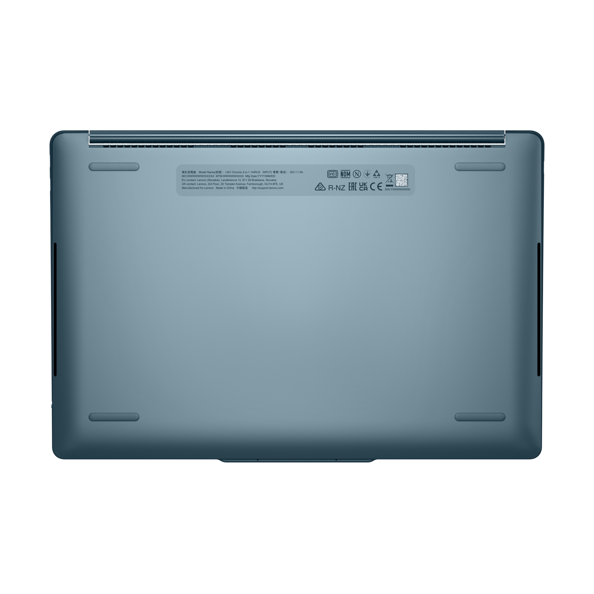 Unterseite eines blauen Laptops mit Aufklebern und Modellinformationen.