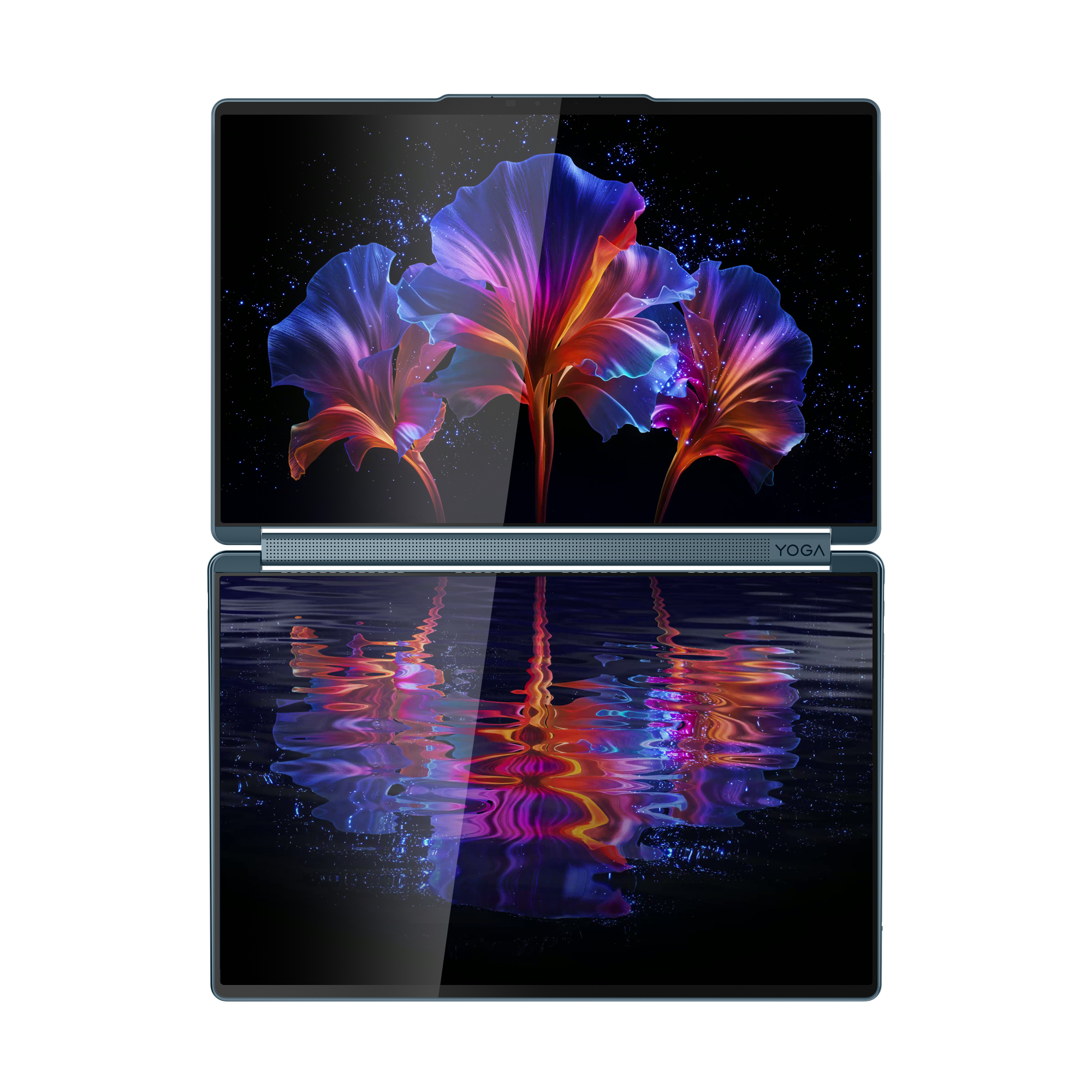 Ein Dual-Screen-Laptop zeigt lebendige abstrakte Blumen und deren Spiegelung im Wasser.