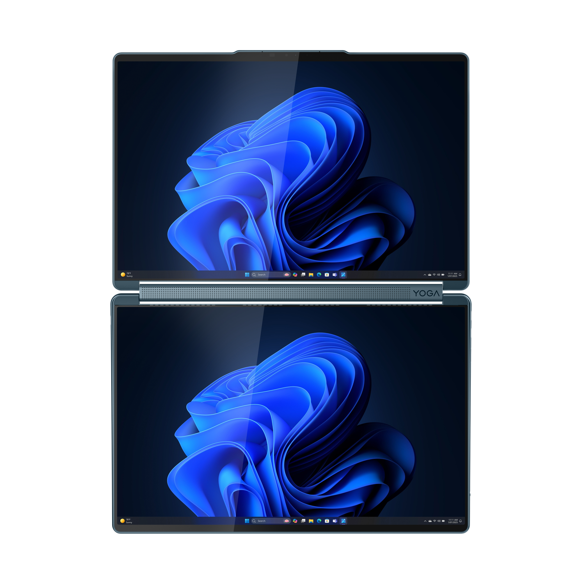Zwei Laptops nebeneinander mit blauem Hintergrundbild und Taskleiste.
