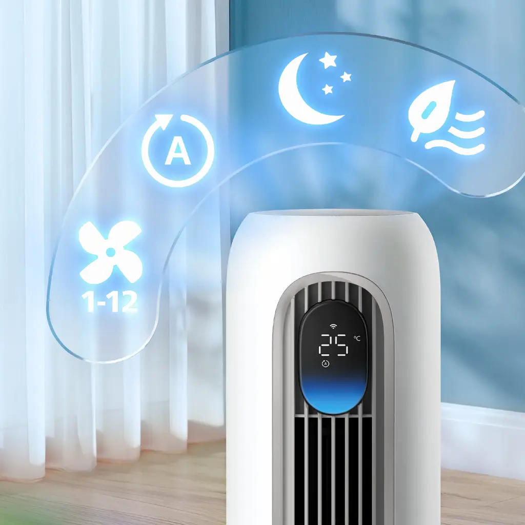 Weißer Turmventilator mit Digitalanzeige (25°C). Symbole: Auto, Lüfterstufen 1-12, Mond, Blatt.