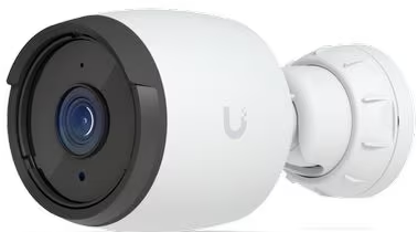 Weiße Überwachungskamera mit schwarzem Ring um die Linse und Montagehalterung.