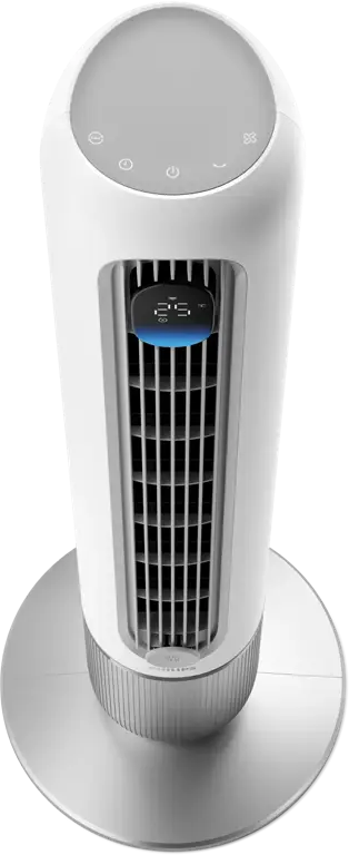 Ein weißer Turmventilator mit Digitalanzeige, die 25 Grad anzeigt. Er hat ein schlankes Design.
