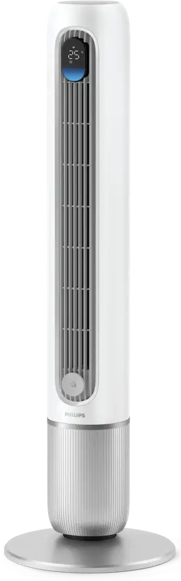 Ein weißer Philips Turmventilator mit Digitalanzeige, 25 Grad.