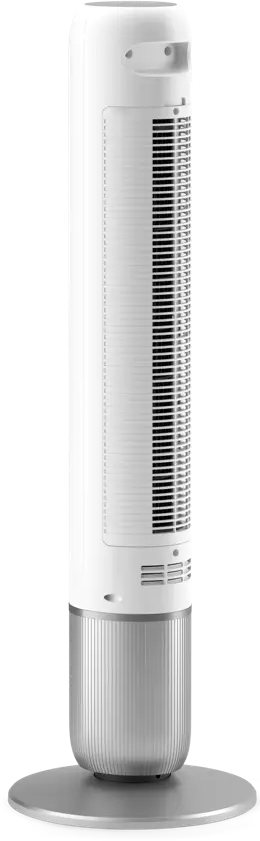 Ein hoher, weißer Turmventilator mit silbernem Fuß, vertikalen Gittern an der Vorderseite und einem Griff oben.