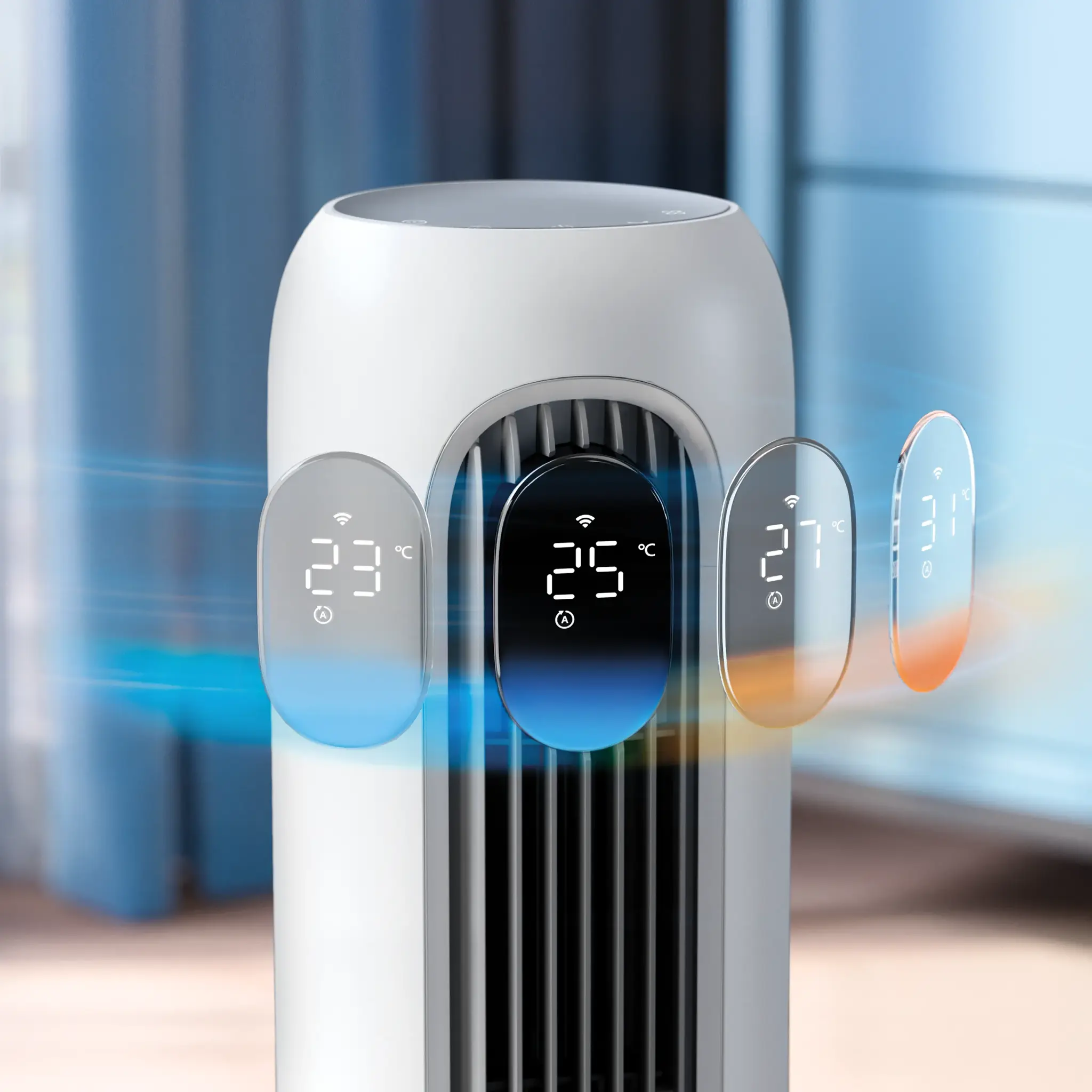 Ein weißer Turmventilator mit digitalen Anzeigen für 23, 25, 27 und 31 Grad.
