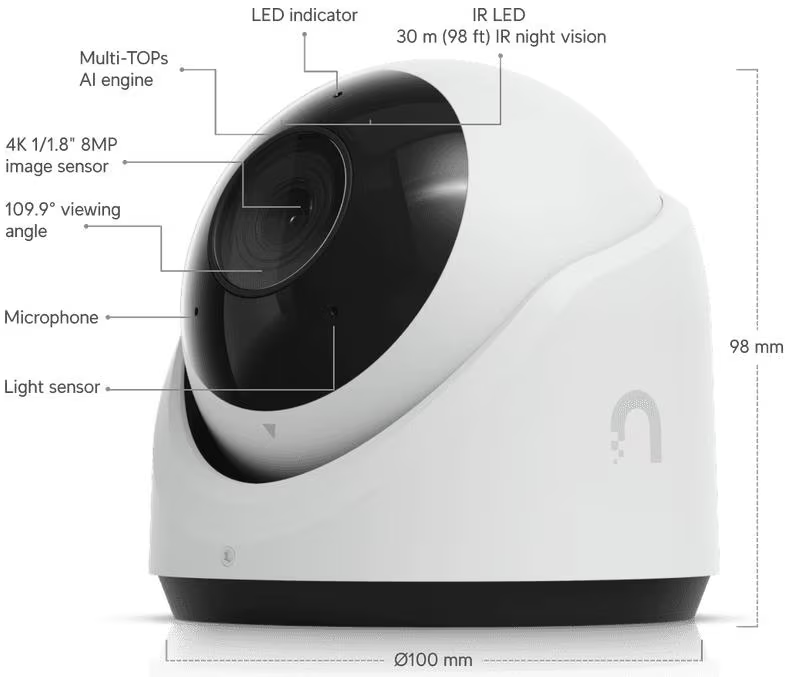 Weiße Sicherheitskamera mit 4K 8MP Sensor, 109,9° Sicht, IR-LED Nachtsicht.