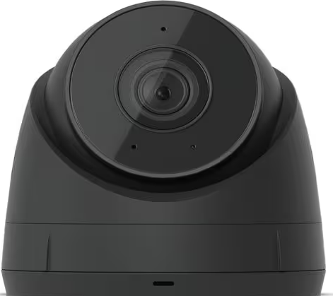 Eine schwarze Überwachungskamera mit einem runden Objektiv und zwei kleinen Lichtern.