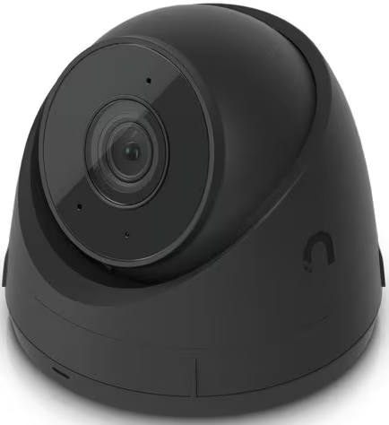 Eine schwarze Überwachungskamera mit Kuppelgehäuse und Linse.