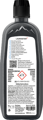 Bottiglia nera con detergente e simboli di avvertenza. Contiene testo e codice QR.
