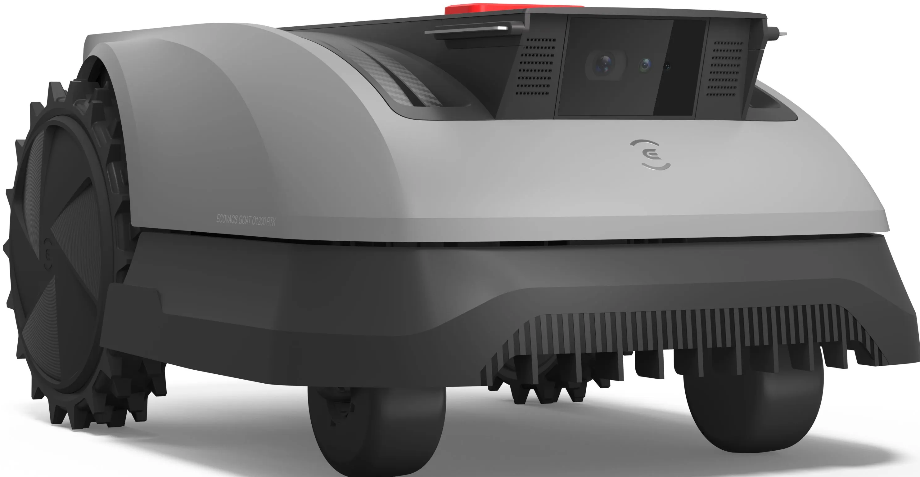 Grauer Rasenmähroboter mit großen Rädern, Kamera und rotem Licht.