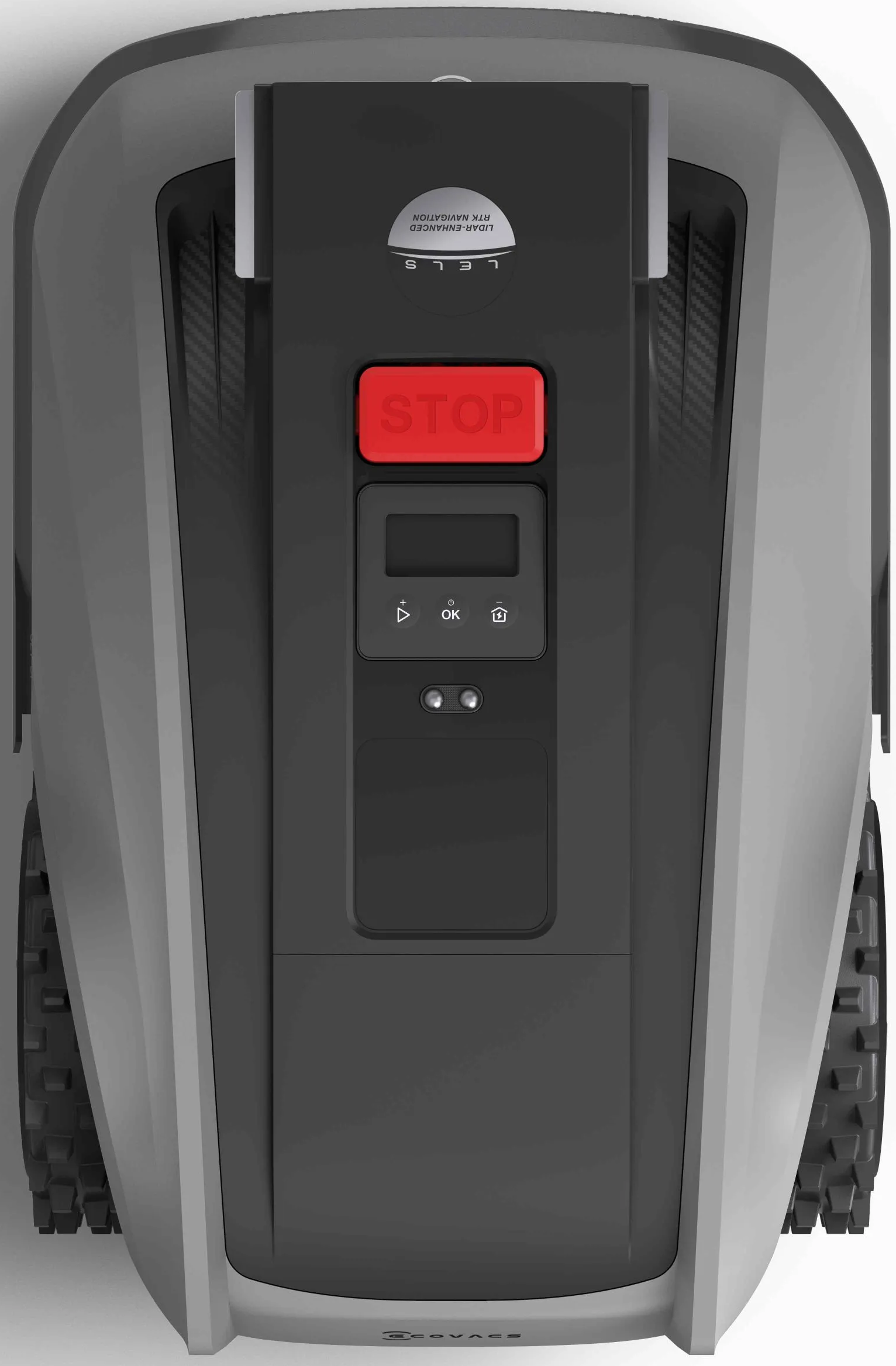 Draufsicht auf einen dunkelgrauen Mähroboter mit rotem Stopp-Knopf und Display.