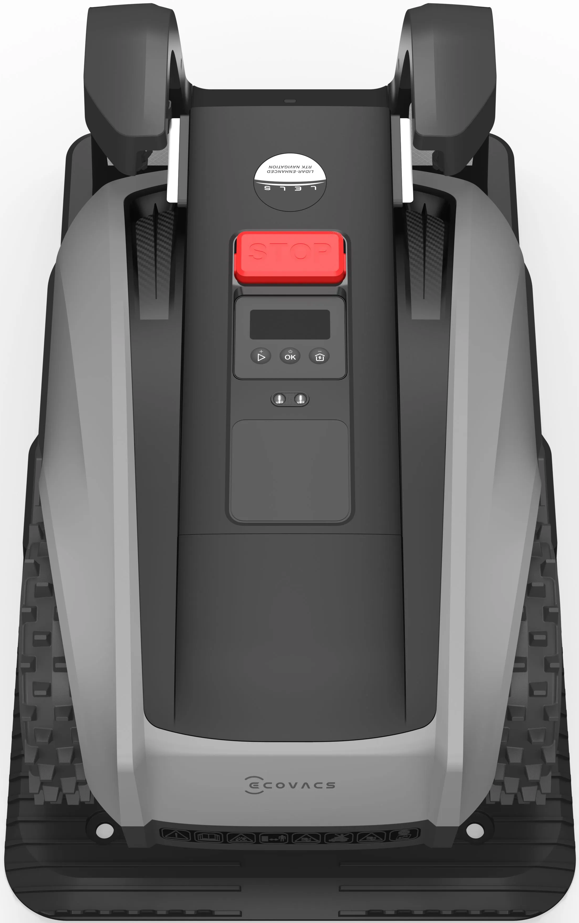 Ein schwarzer und grauer Mähroboter mit rotem Stoppknopf und Display.