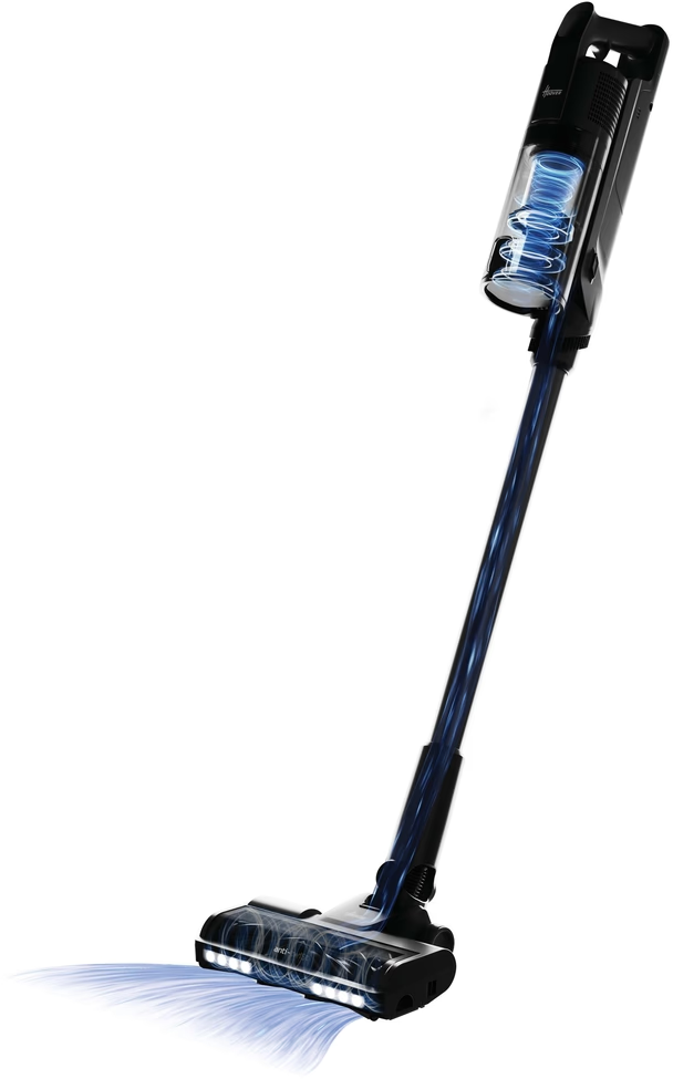 Aspirapolvere senza fili nero con vortici blu nel contenitore e sul tubo.