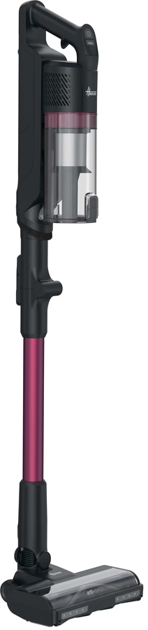 Ein kabelloser Staubsauger in Schwarz und Pink mit transparentem Staubbehälter.