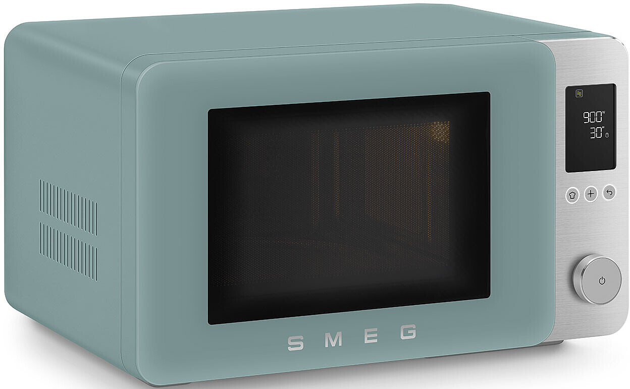 Un micro-ondes Smeg bleu sarcelle avec commandes argentées et écran numérique.