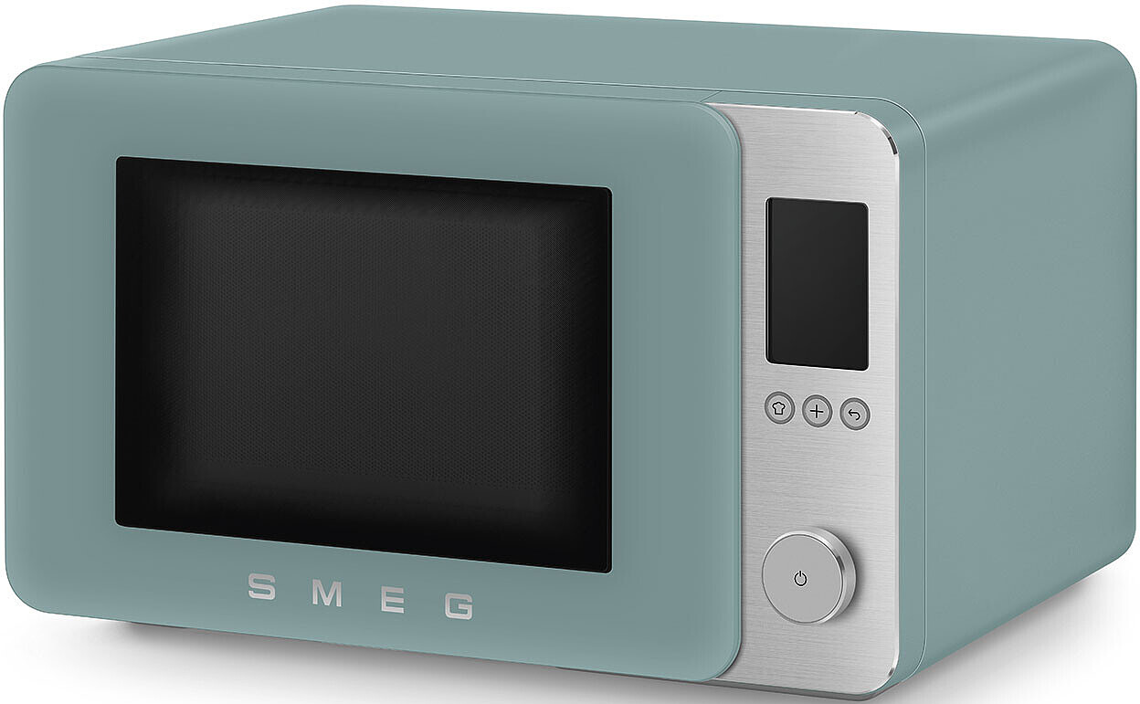 Un micro-ondes SMEG bleu clair avec panneau de commande argenté et écran numérique.