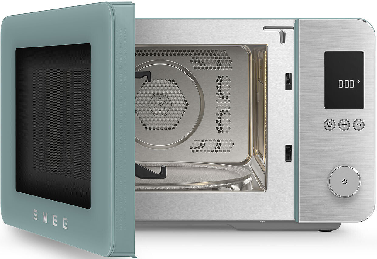 Un micro-ondes SMEG bleu sarcelle, porte ouverte, montrant l'intérieur et le panneau de commande.