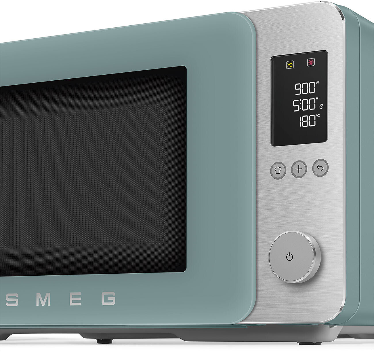 Un panneau de contrôle de micro-ondes SMEG bleu sarcelle avec écran numérique et boutons.