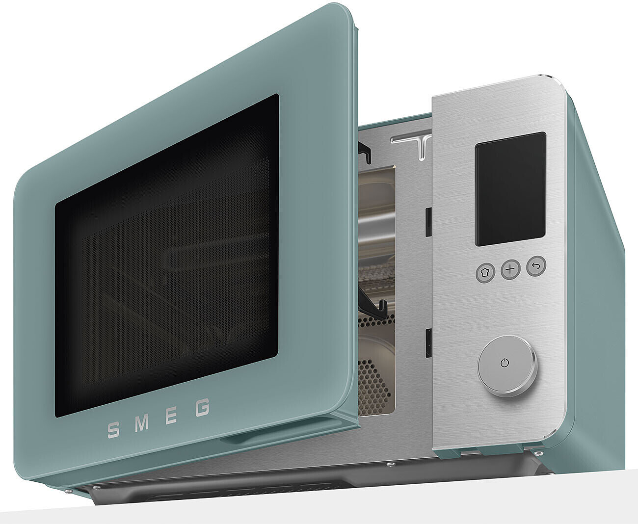 Un micro-ondes SMEG bleu avec la porte ouverte, révélant une façade argentée et ses commandes.