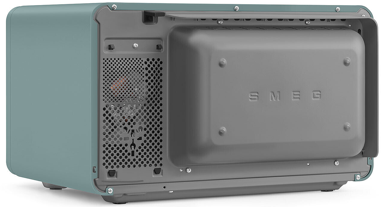 Vue arrière d'un micro-ondes SMEG turquoise avec grille de ventilation.