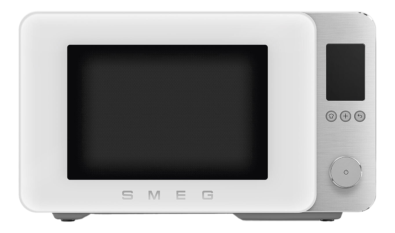 Un moderno microonde bianco con controlli argentati e display digitale. Logo SMEG visibile.