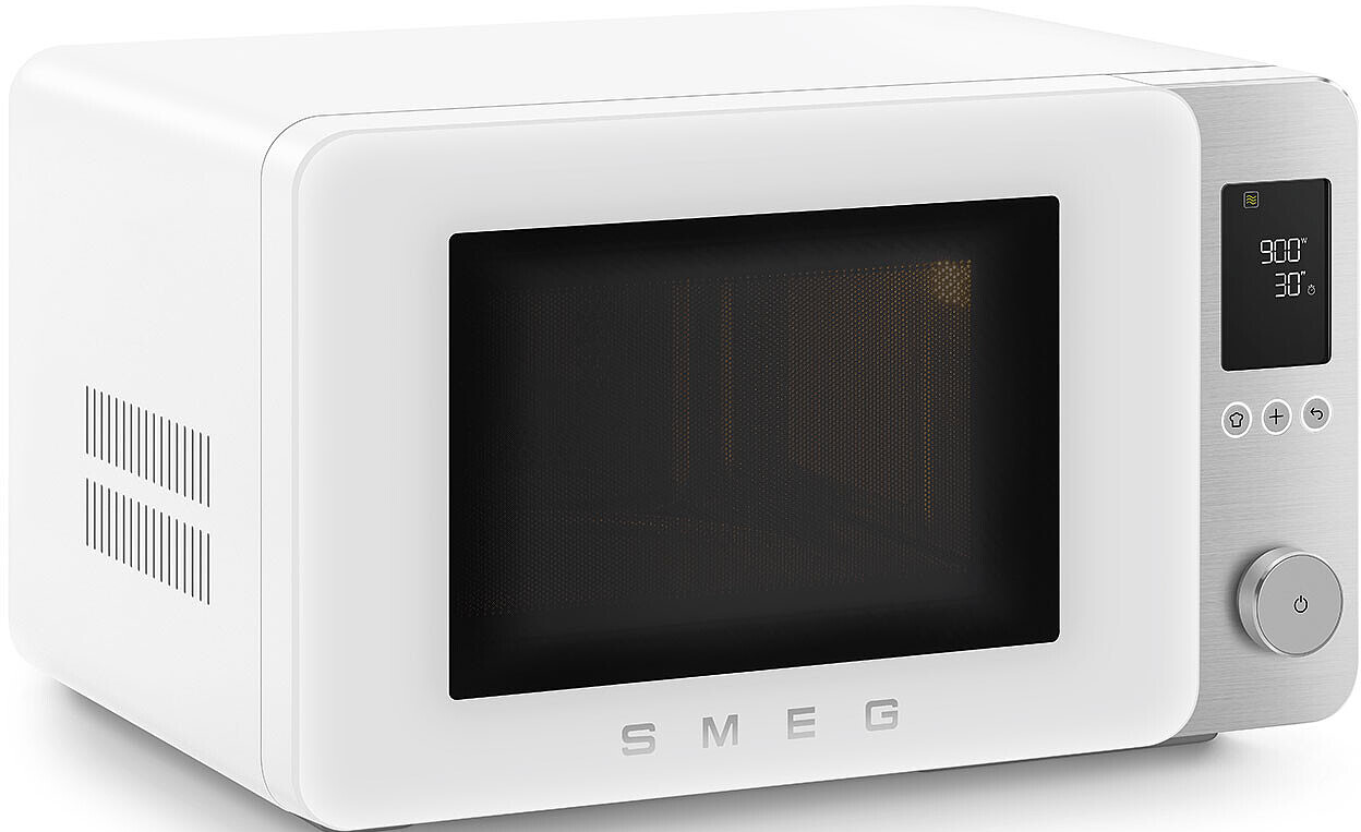 Un forno a microonde SMEG bianco con pannello di controllo argentato e display digitale.