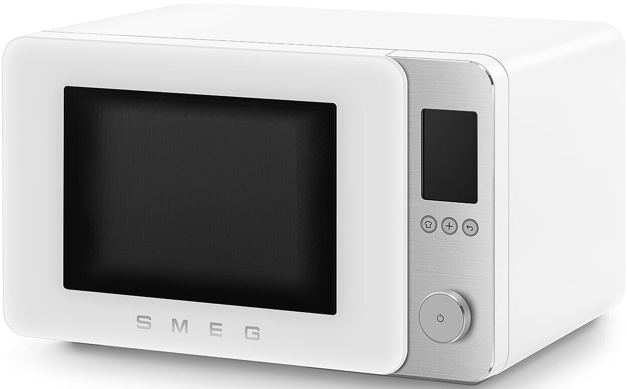 Un microonde SMEG bianco con pannello di controllo argentato e display nero.