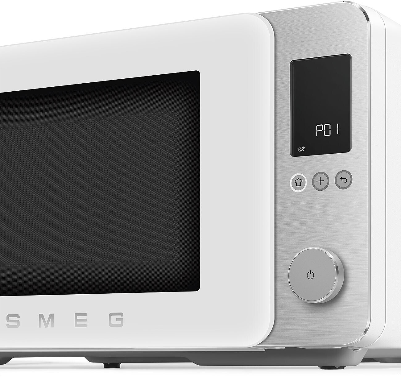 Forno a microonde bianco con pannello di controllo argentato e display digitale nero.