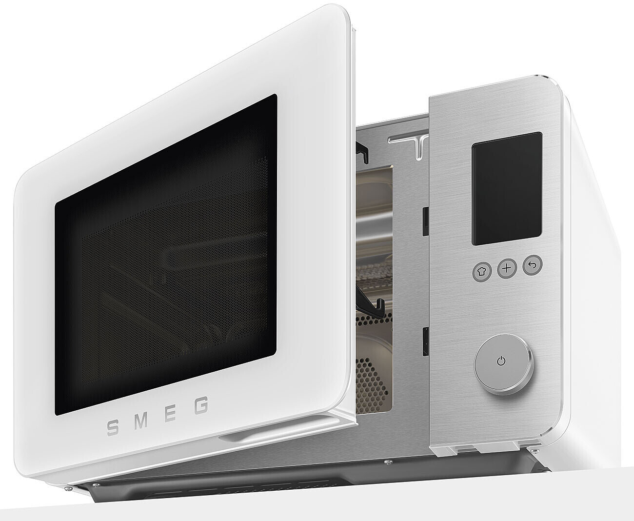 Un forno a microonde SMEG bianco aperto con pannello di controllo argentato e piccolo schermo.