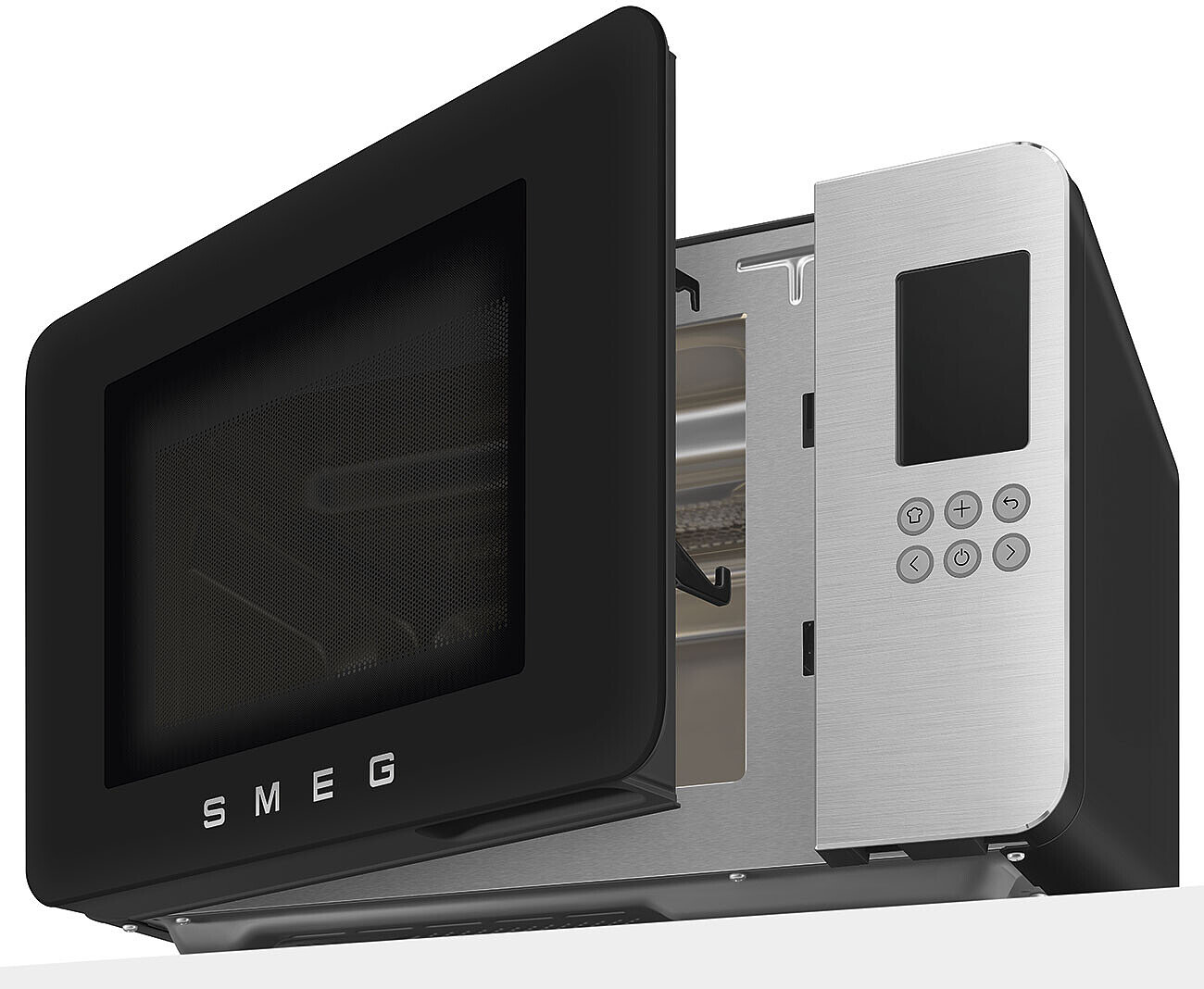 Schwarzer Smeg Mikrowellenofen mit geöffneter Tür und silberner Bedienblende.