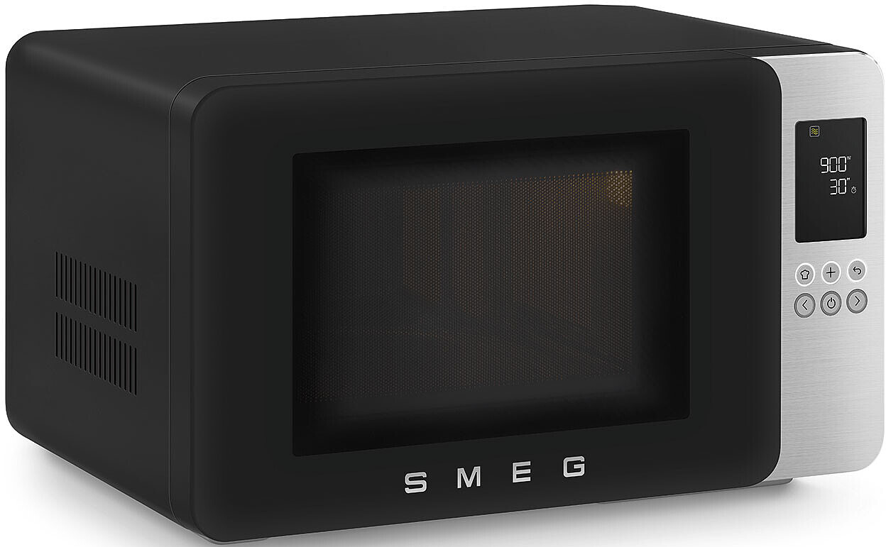 Schwarze Smeg Mikrowelle mit silberner Steuerung und digitaler Anzeige.
