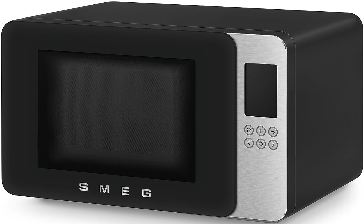 Schwarze SMEG Mikrowelle mit silberner Bedienblende und Digitalanzeige.