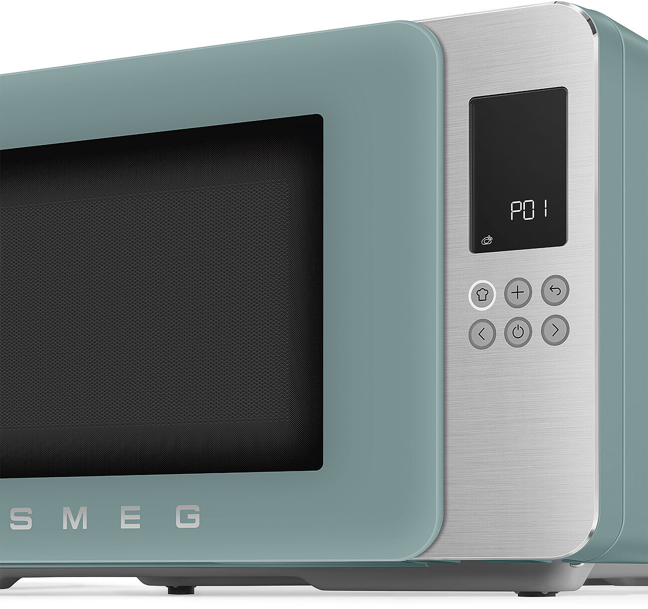 Un four micro-ondes SMEG bleu sarcelle avec panneau de commande argenté.