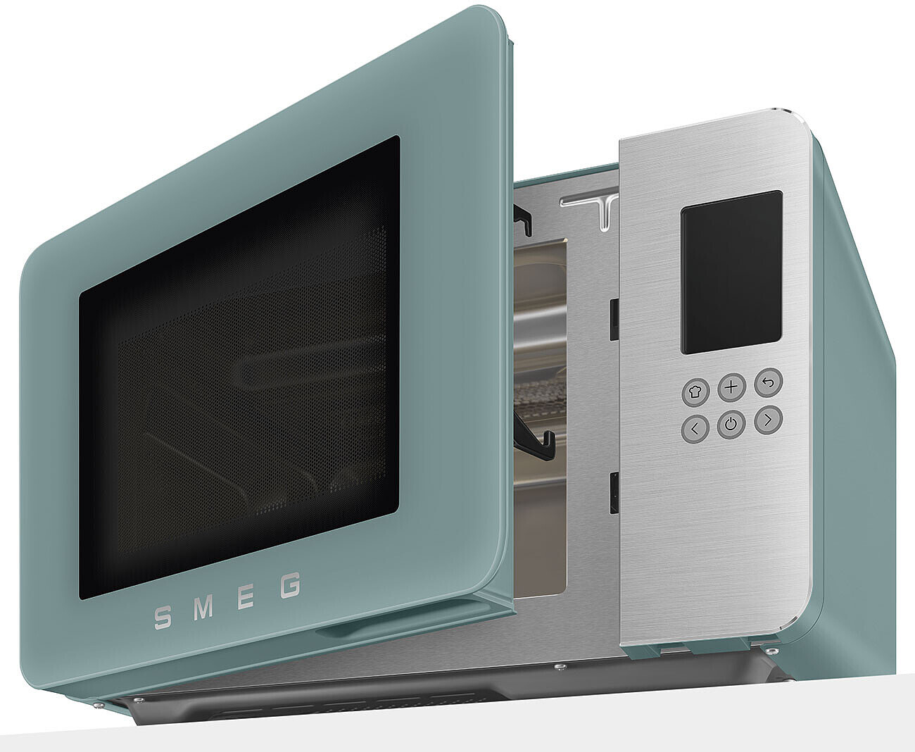 Un micro-ondes Smeg bleu avec sa porte ouverte, révélant le panneau de commande.