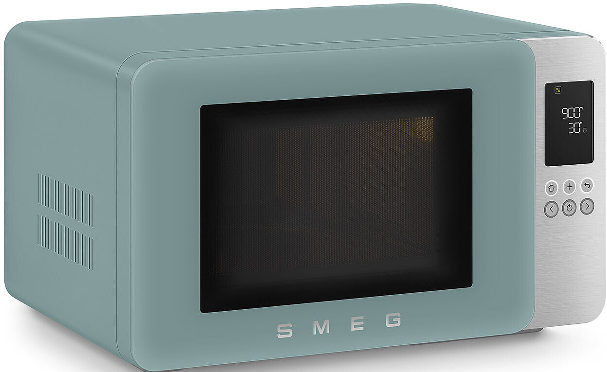 Un four à micro-ondes SMEG bleu clair avec écran numérique et boutons de commande.