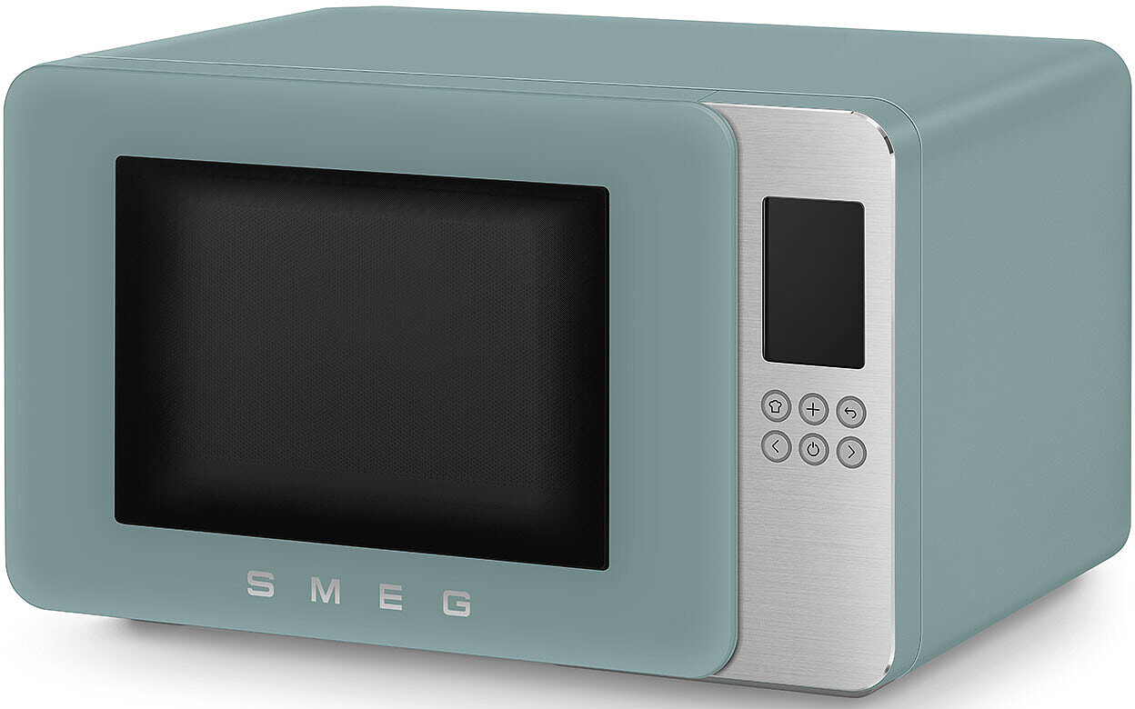 Un micro-ondes SMEG bleu avec commandes argentées et écran numérique.