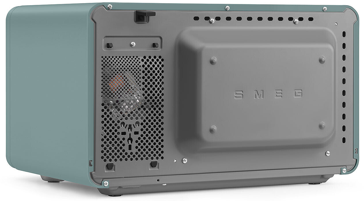 Vue arrière d'un micro-ondes Smeg bleu sarcelle avec grille de ventilation.