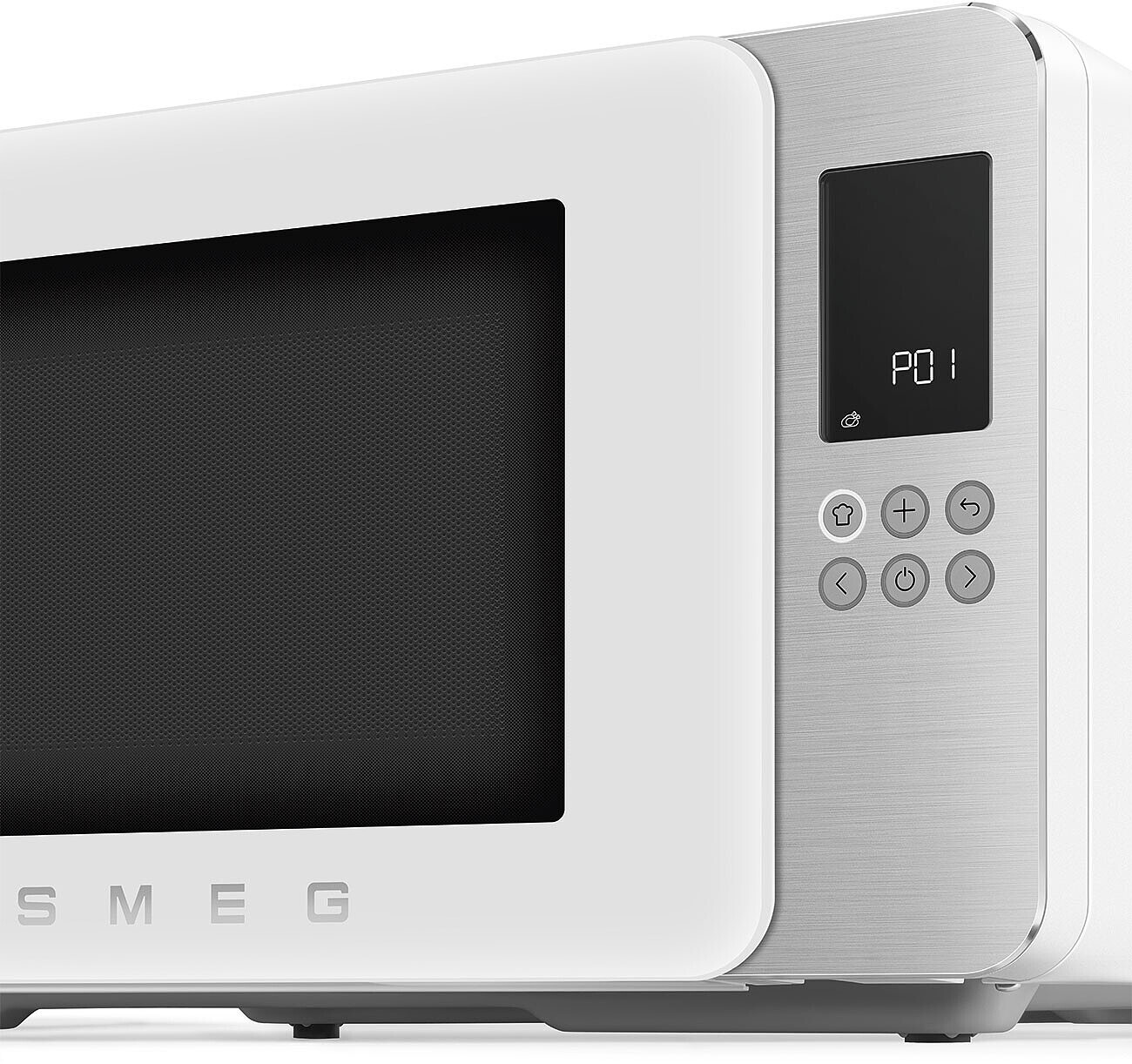 Eine weiße SMEG-Mikrowelle mit silbernem Bedienfeld und schwarzem Display.