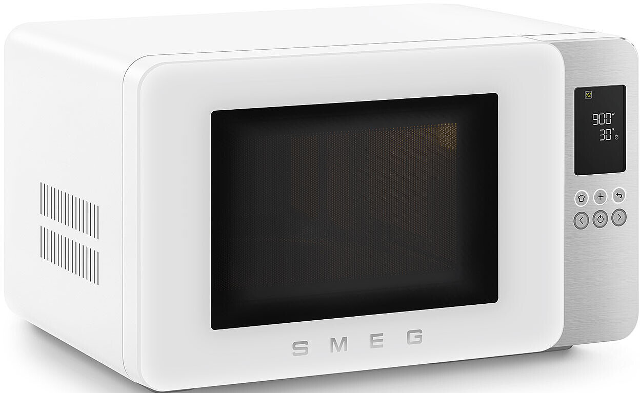 Eine weiße SMEG-Mikrowelle mit silbernem Bedienfeld und digitaler Anzeige.