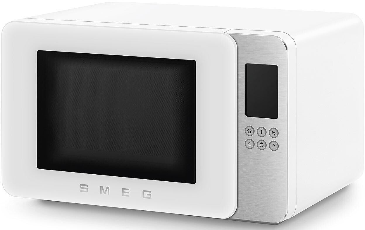 Ein weißer SMEG-Mikrowellenherd mit silbernem Bedienfeld und schwarzem Bildschirm.