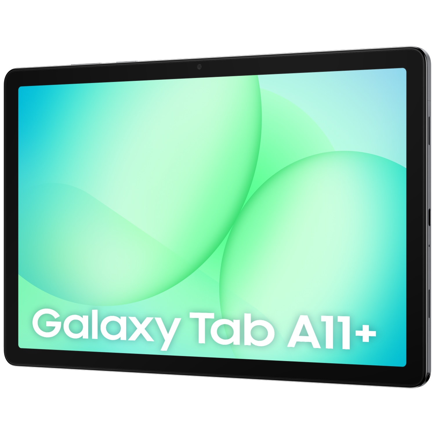 Une tablette Samsung Galaxy Tab A11+ noire avec un fond vert clair et turquoise.