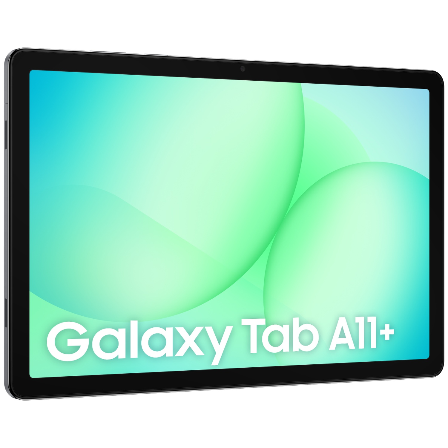 Une tablette noire avec fond vert et bleu. Texte : Galaxy Tab A11+