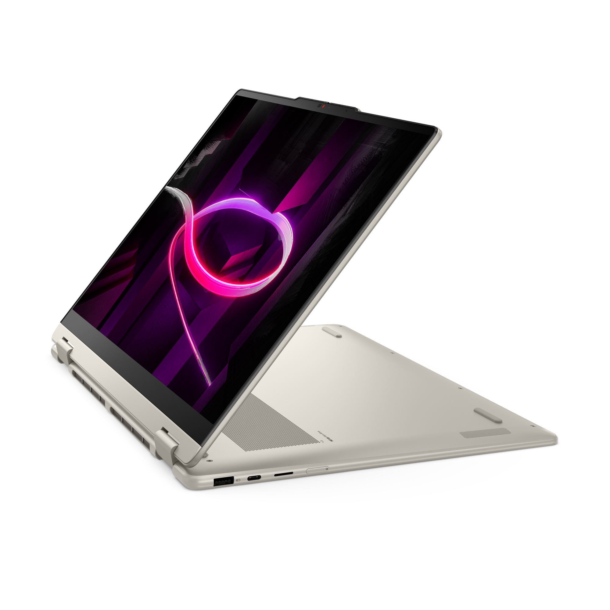 Ein geöffneter, heller Laptop mit einem dunklen Bildschirm, der ein lila und pinkes Muster zeigt.